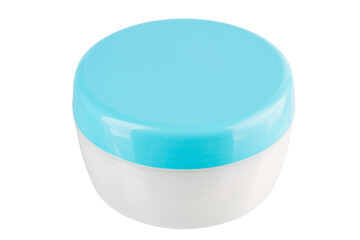 White cream container with blue lid. Isolated on white background.
