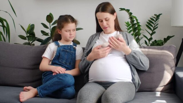 Loving pregnant mother prepare preteen daughter to new baby arrival. Pretty little girl kid play with caring young mom expecting child nurse toy bear dream of meeting newborn brother or sister soon