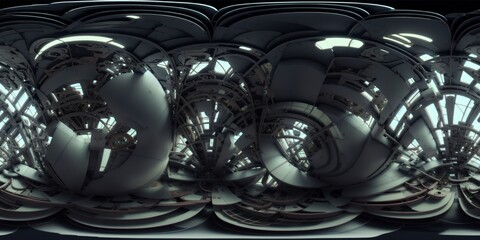 Fototapeta na wymiar Spherical 360 panorama. A futuristic ethereal structure. Dark interior spaceship or station. Scifi fiction concept