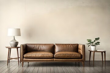 living room interior with brown sofa, generative ai