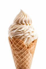 vanilla ice cream in a waffle cone on a white background