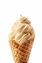 vanilla ice cream in a waffle cone on a white background