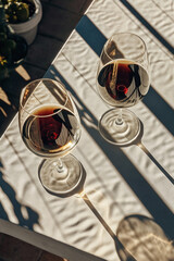 wine in a glass in the rays of the sun on the table