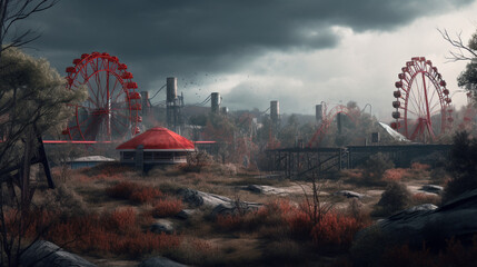 broad landscape background art of a abandoned theme park , Generative AI