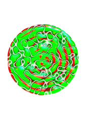 kreisfläche gefüllt mit rotem und grünem untergrund, blauen flecken und  durchzogen von unregelmäßig gekrümmten farblosen kanälen, modern art