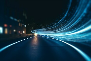 Fototapeta na wymiar Curved blue light trail with bokeh blur. Success, goals, advanced tech background. Generative AI
