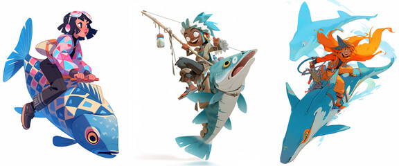 Obraz premium Various illustrations of cartoon girls with fish. Character design on white background, collection.
