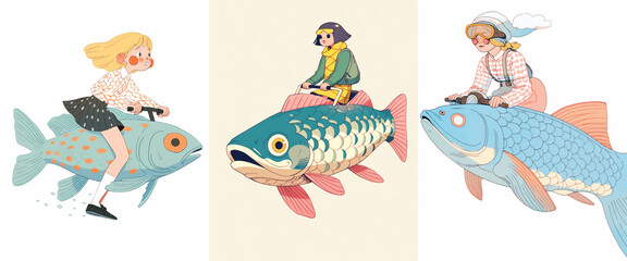 Various illustrations of cartoon girls with fish. Character design on white background, collection.