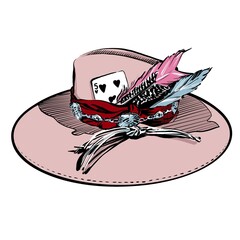 trendy pink hat with some decorations. modern fashion headdress with feather, lace and playing card. design for accessory shop, colourful sketch for logo, tattoo or print.