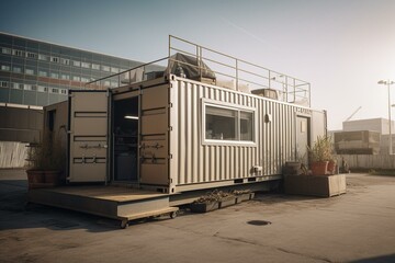 Newly constructed single-story mobile industrial building with prefabricated office container on construction site. Generative AI