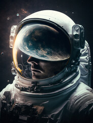Spaceman portrait closeup and reflection of planet Earth in spacesuit on stars background. Astronaut face and universe for National Space Day. Generative AI - 595354202