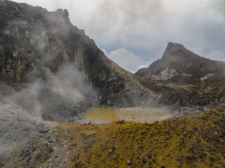 Active volcano Sibayak with smoke and fumaroles. Sumatra, Indonesia.