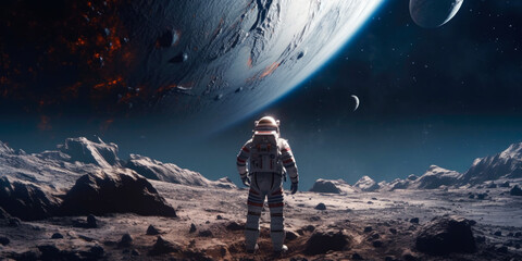 Fototapeta na wymiar Astronaut floating in space. New worlds and unexplored galaxies. Asteroids and planets. Uninhabited rock masses. Sci-fi. Exploration of new worlds, Generative Ai