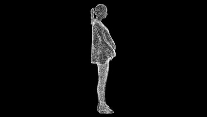 3D pregnant woman on black bg. Object dissolved white flickering particles. Business advertising backdrop. Science concept. For title, text, presentation. 3D animation.