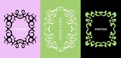 Vector design set, flames and fire, acid neo tribal shapes, y2k elements and abstract illustrations in gothic style, gothic and acid tattoos and print templates