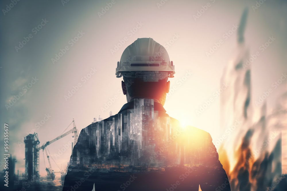 Poster civil engineer portrait as concept for building construct by professional with hardhat helmet engine