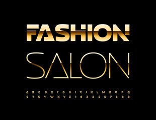 Vector premium sign Fashion Salon. Luxury Golden Font. Elite Alphabet Letters and Numbers set