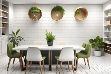 modern dining room with table set and white wall, generative ai