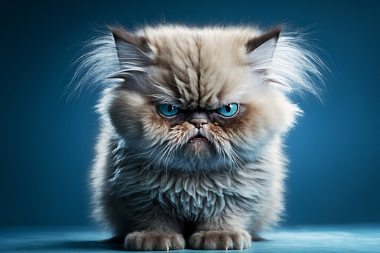 Portrait of angry cat on blue background. Generative AI