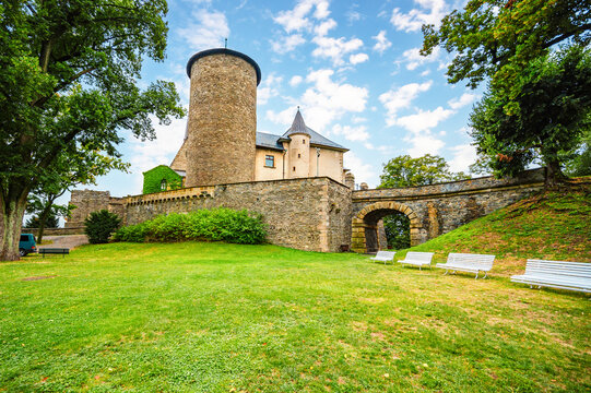 Rock - built castle Sternberk Olomouc region, Moravia, Czech republic. The Gothic castle. Stenberg town