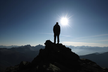 Silhouette of man, stands triumphantly on top of the mountain.Successful journey in adventure and business. Leader and an active traveler, reaching new heights, conquering challenges. Generative AI