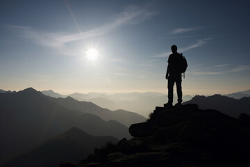 Fototapeta premium Silhouette of man, stands triumphantly on top of the mountain.Successful journey in adventure and business. Leader and an active traveler, reaching new heights, conquering challenges. Generative AI