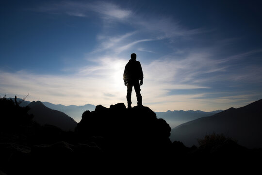 Silhouette of man, stands triumphantly on top of the mountain.Successful journey in adventure and business. Leader and an active traveler, reaching new heights, conquering challenges. Generative AI