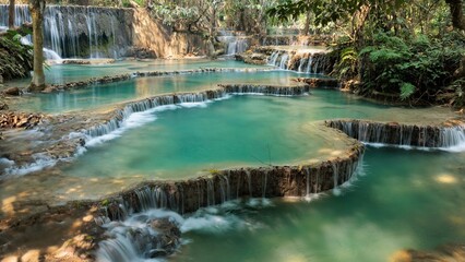Turquoise water flowing down the Kuan si falls near Luang Prabang - Laos