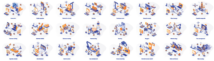 Mega set of isometric concepts. Contains such Business, Development, Travel, DevOps, Cloud Computing, Analysis and more. Bundle illustrations. Isometry vactor illustrations for marketing material. - obrazy, fototapety, plakaty