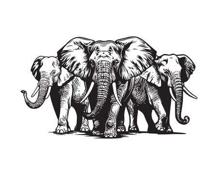 Three elephants isolated on white background, vector illustration