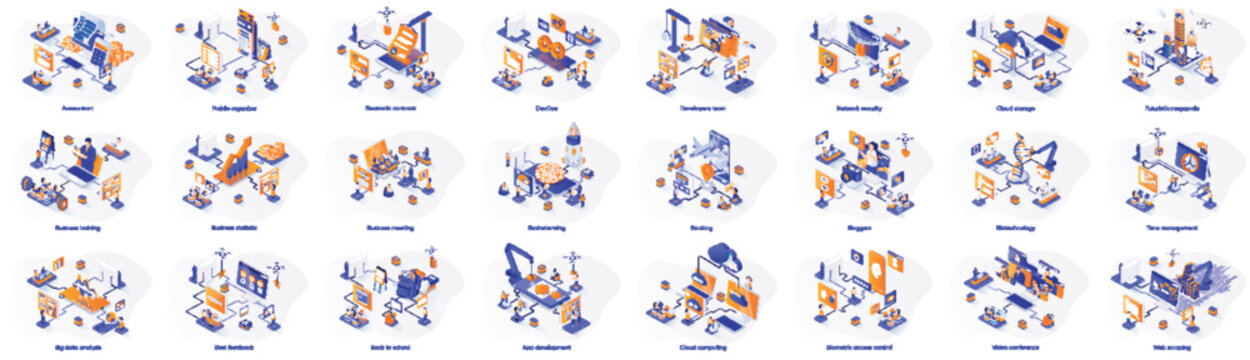 Mega Set Of Isometric Concepts. Contains Such Business, Development, Travel, DevOps, Cloud Computing, Analysis And More. Bundle Illustrations. Isometry Vactor Illustrations For Marketing Material.