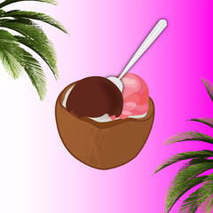 Refreshing summer concept, coconut with a scoop of chocolate and strawberry ice cream on a pink background	