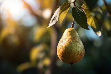 Picturesque garden, a fruitful pear tree ready to be harvested. The natural outdoor background complements the fresh and ripe fruit hanging from the branches, agriculture and nutrition. Generative Ai