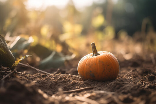 A vibrant orange pumpkin ripen in the autumn sun ready to be harvested and enjoyed as healthy, natural food in a season of holidays and celebration. In a field of fresh soil. Ideal soup. Generative AI