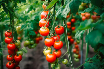 Ripe cherry tomato plants growing in greenhouse. Fresh bunch of red natural tomatoes in organic vegetable garden. Generative AI. - obrazy, fototapety, plakaty