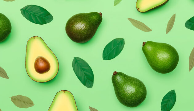 Fresh avocados with leaves on light green background. Top view. Generative AI.