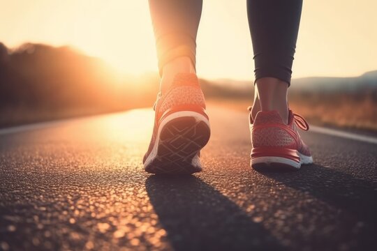 A close-up photo of athletic shoes worn by a young woman runner.Running outdoors, with the sun shining down as she moves along a path. Active lifestyle, exercise to stay fit and healthy Generative AI