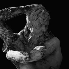 Hephaestus. In Greek and Roman mythology god of the forge and blacksmiths. Black and white image.