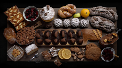 German sweets, flat lay, top view assorted cookies and traditional desserts, AI generative overhead view of knolling arrangement