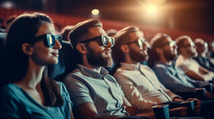 People sitting at cinema, watching 3D film, smiling. joyful people watching 3d movie in cinema. digital ai art