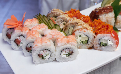 Sushi roll with salmon, avocado, cream cheese. Sushi set, Japanese food