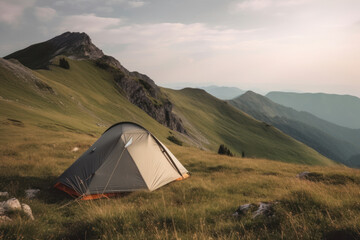 The tent is set up, stunning mountain landscape. Summer sun illuminating the natural beauty of the surrounding forest. This idyllic camping spot offers outdoor adventure and relaxation. Generative Ai