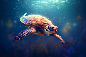 Turtle swiming underwater in the sea with sun rays from the surface, AI generative