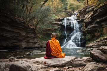 Tibetan monk meditating near a waterfall in the forest. Buddhism traditional culture. Calm peaceful and tranquil landscape. Man focusing wearing an orange outfit trying to reach nirvana. Generative Ai - obrazy, fototapety, plakaty