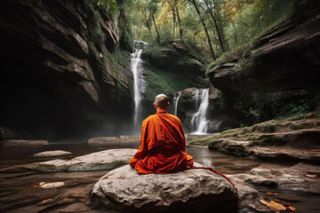 Tibetan monk meditating near a waterfall in the forest. Buddhism traditional culture. Calm peaceful and tranquil landscape. Man focusing wearing an orange outfit trying to reach nirvana. Generative Ai
