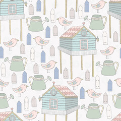 Cute stamp baby children animal house hand drawn child room education school bird bear flower leaf deer seamless pattern vector