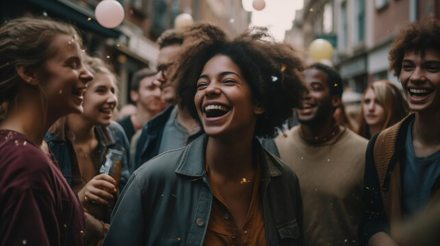 A Detailed Image Of A Diverse Group Of People, Representing Different Races, Genders, And Styles, Coming Together In A Joyful Celebration During A Lively Afternoon In The City