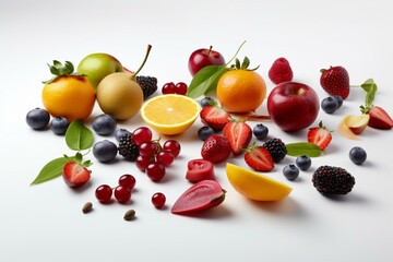 Naklejka na ściany i meble Assorted fruits and berries on a white background. Generative AI
