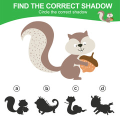 Find the correct shadow of the squirrel. Matching animal shadow game for children. Worksheet for kid. Educational printable worksheet. Vector illustration file.