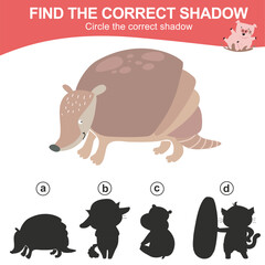 Find the correct shadow of the armadillo. Matching animal shadow game for children. Worksheet for kid. Educational printable worksheet. Vector illustration file.